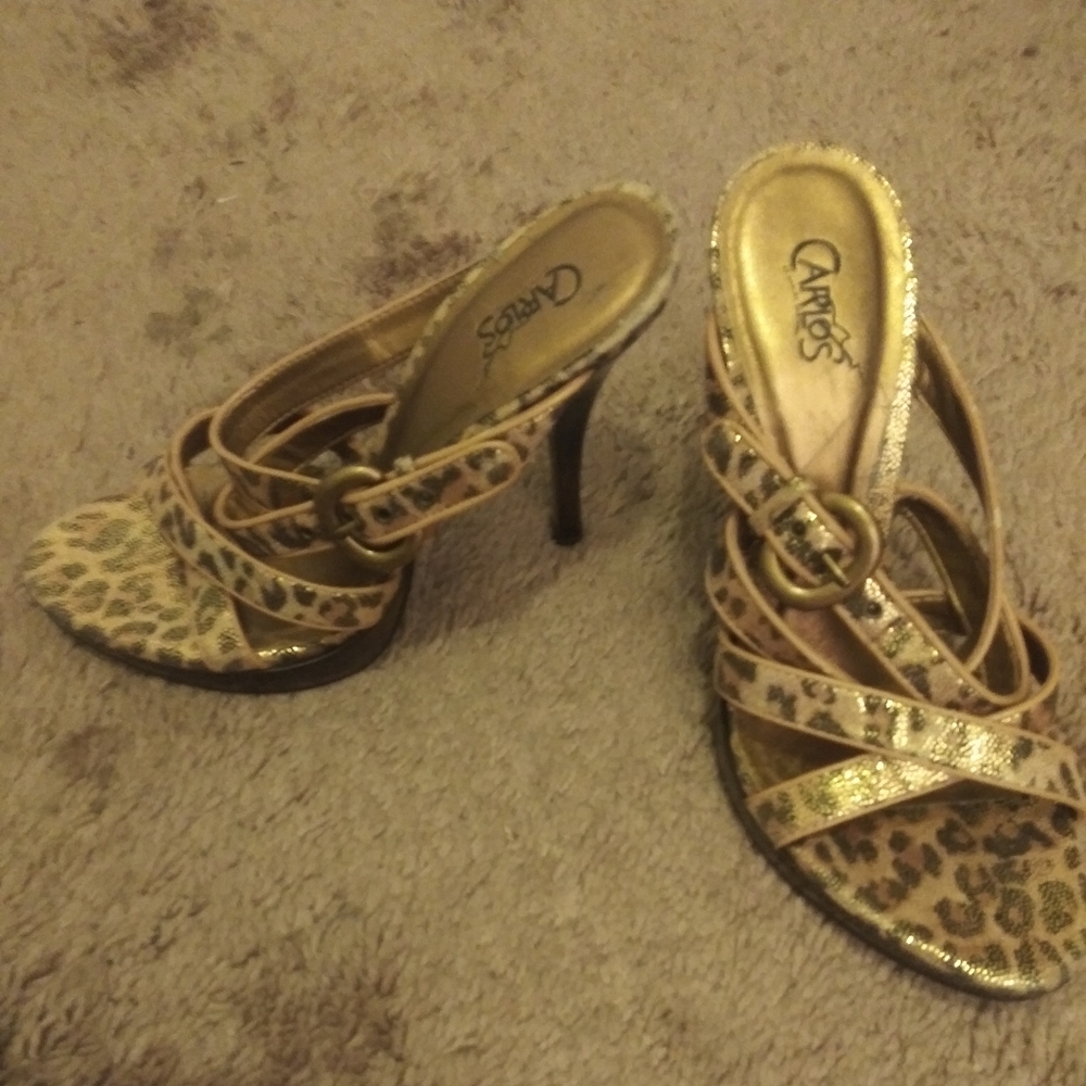 Carlos Santana gold leopard sandals